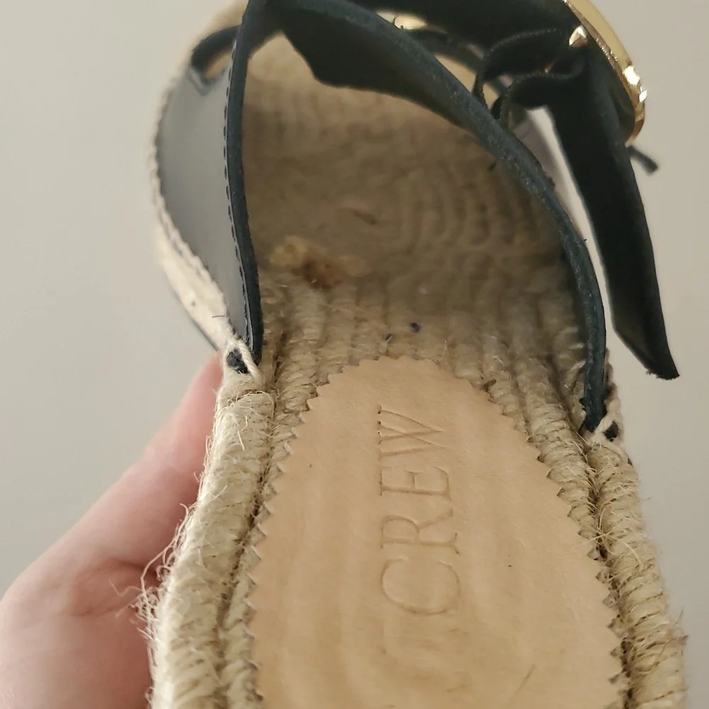 J. Crew Black Leather Block Heel Espadrille Sandals Size 8 Gold Buckle Womens